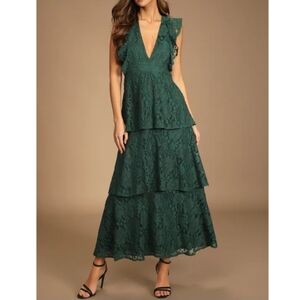 NWT Lulus | Molinetto Forest Green Lace Ruffled Tiered Maxi Dress Womens Small